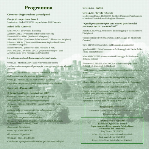 Locandina Convegno su "Salvaguardia e valorizzazione del paesaggio bioculturale. Metodologia di studio e risultati di una ricerca condotta nel Basso Monferrato Astigiano", Vezzolano 23 marzo 2007.