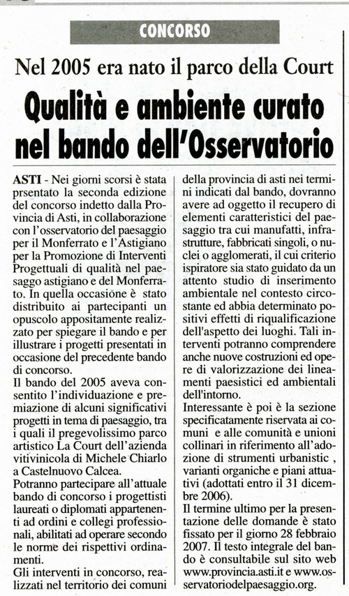 Rassegna stampa Secondo Bando di Concorso sulla Qualità del paesaggio astigiano - Articolo pubblicato da Il Corriere di Asti e del Monferrato - martedì 18 febbraio 2007
