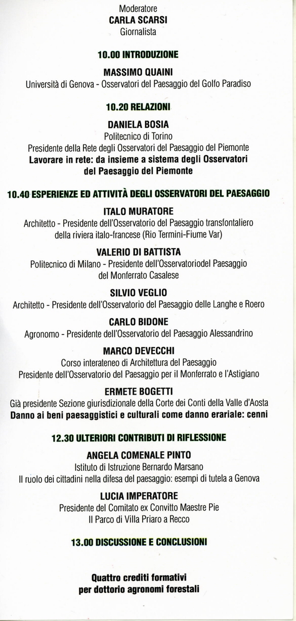 Depliant (retro) del Convegno Per una gestione partecipata e consapevole dei beni comuni: ruolo ed esperienze degli Osservatori del paesaggio, Sala Polivalente a Recco (GE), sabato 25 febbraio 2017.