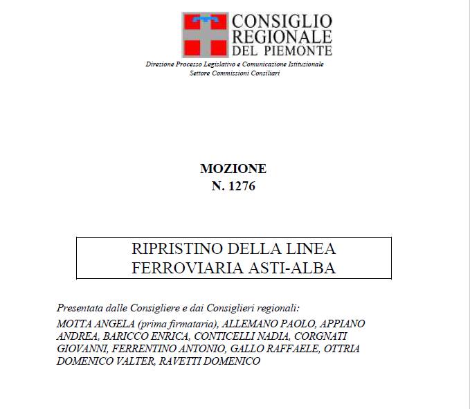 Mozione n° 1276 (Ai sensi dell'Art. 18 , comma 4, dello Statuto e dell'Art. 102 del Regolamento interno), trattata in Aula, approvata dal Consiglio regionale del Piemonte sul ripristino della Linea ferroviaria Alba-Asti (Prima firmataria Angela Motta, Paolo Allemano, Andrea Appiano, Enrica Baricco, Nadia Conticelli, Giovanni Corgnati, Antonio Ferrentino, Raffaele Gallo, Valter Domenico Ottria e Domenico Ravetti).
