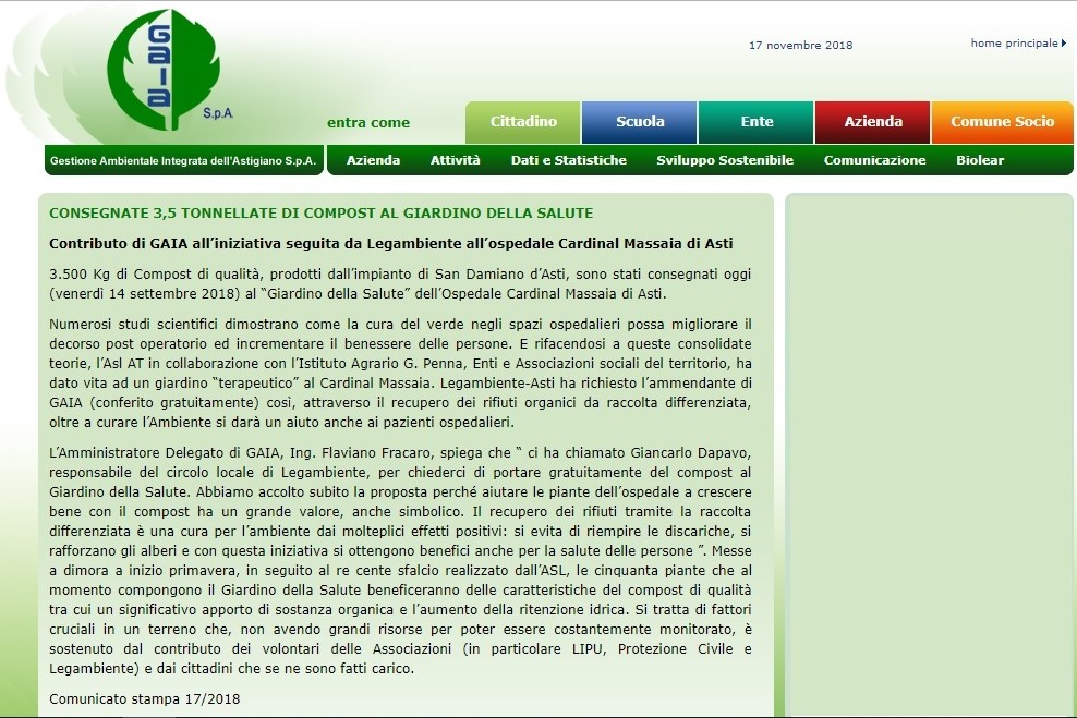 Comunicato stampa di GAIA (Gestione Ambientale Integrata dellAstigiano) per la fornitura di compost da distribuire agli alberi messi a dimora per la realizzazione del Parco della Salute dell Ospedale Cardinal Massaia di Asti.