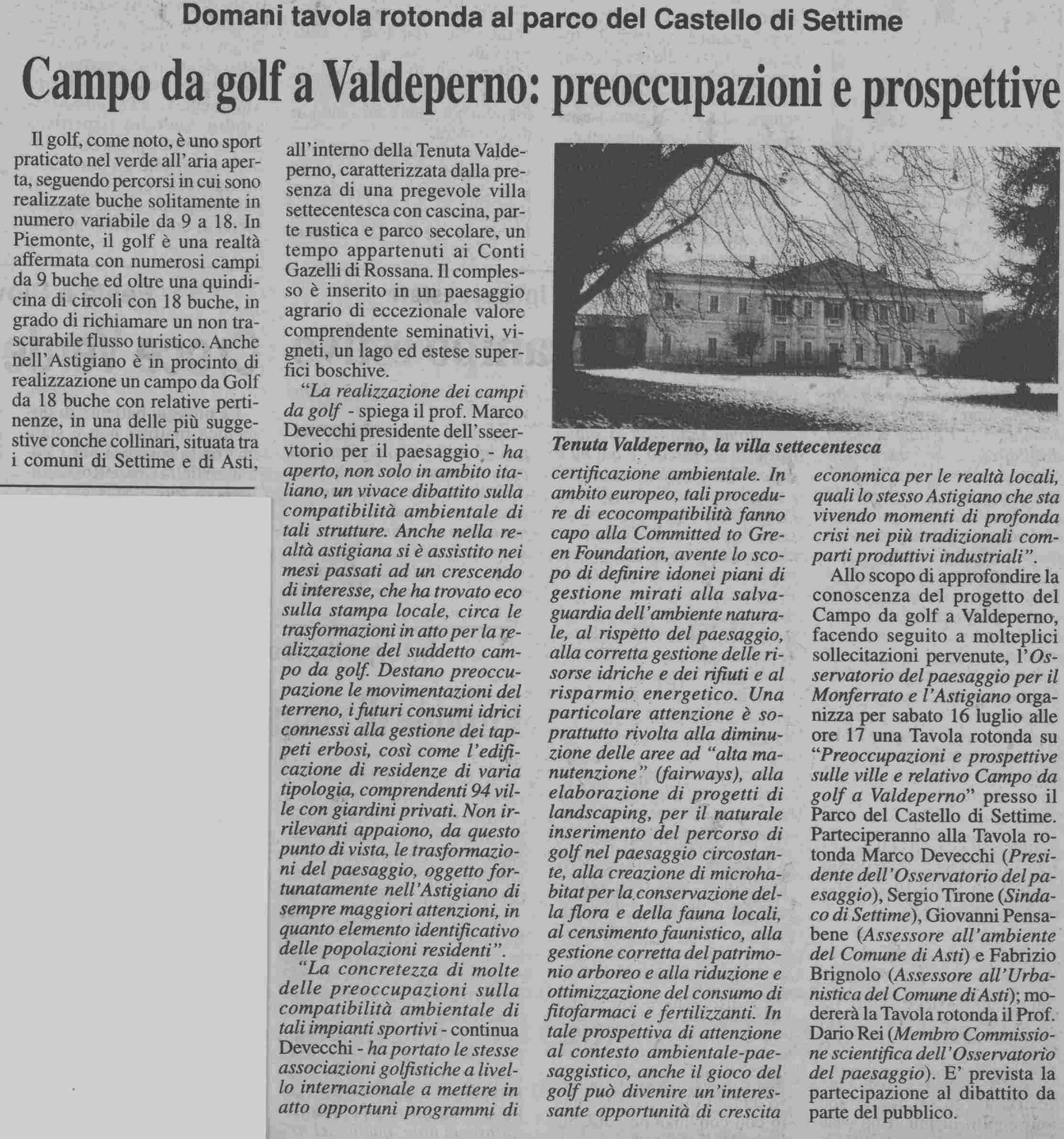 Rassegna stampa su Tavola rotonda - "Preoccupazioni e prospettive sulle ville e relativo Campo da golf a Valdeperno"