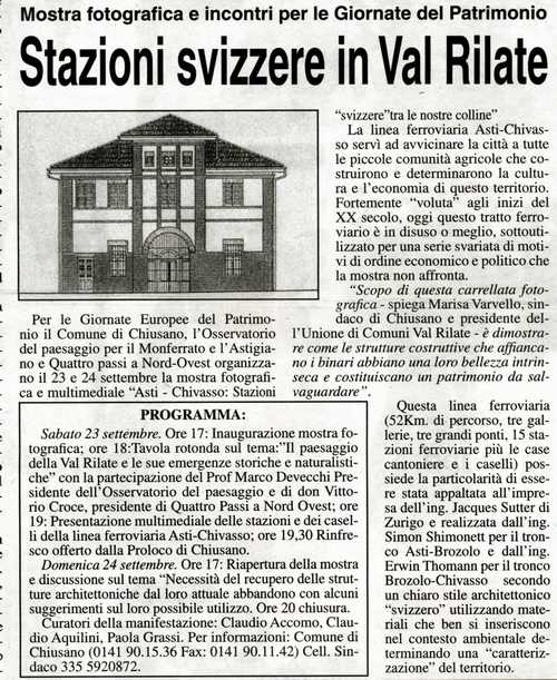 Rassegna stampa: Giornate Europee del Patrimonio - Convegno  "Asti - Chivasso: Stazioni "Svizzere" tra le nostre colline"
