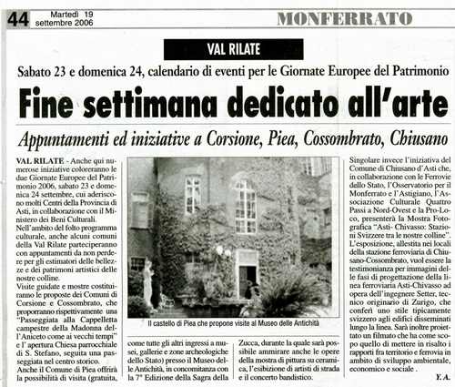 Rassegna stampa: Giornate Europee del Patrimonio - Convegno  "Asti - Chivasso: Stazioni "Svizzere" tra le nostre colline"