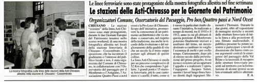 Rassegna stampa: Giornate Europee del Patrimonio - Convegno  "Asti - Chivasso: Stazioni "Svizzere" tra le nostre colline"