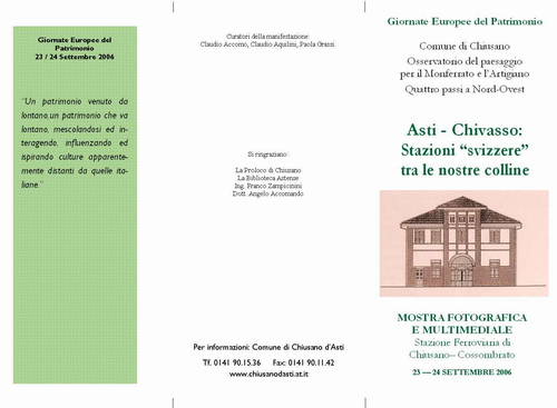 Giornate Europee del Patrimonio - Convegno  "Asti - Chivasso: Stazioni "Svizzere" tra le nostre colline"