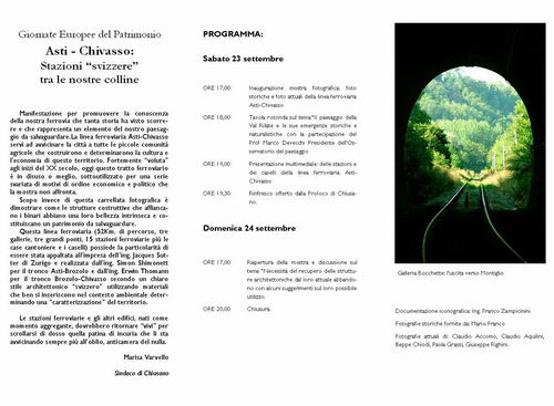 Giornate Europee del Patrimonio - Convegno  "Asti - Chivasso: Stazioni "Svizzere" tra le nostre colline"
