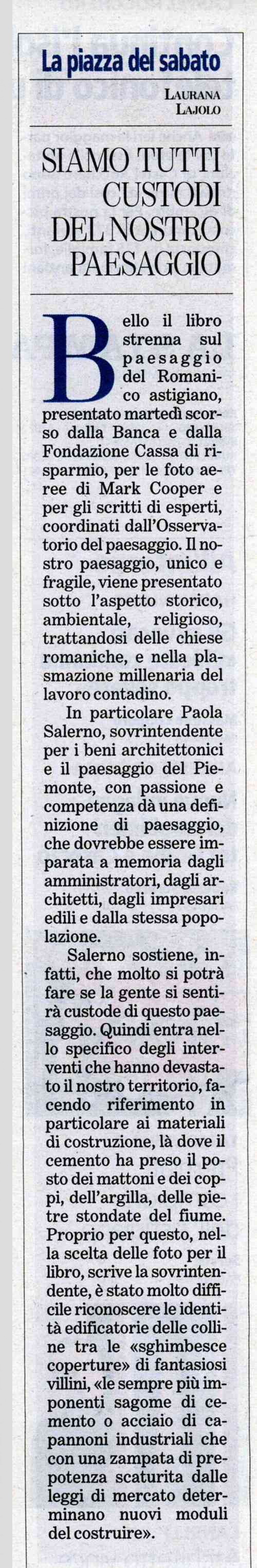 Rassegna stampa della presentazione del Volume "IL PAESAGGIO DEL ROMANICO ASTIGIANO" -  La Stampa - Sabato 9 dicembre 2006 - Laurana Lajolo.