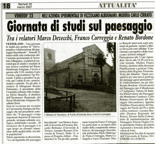 Rassegna stampa Convegno su "Salvaguardia e valorizzazione del paesaggio bioculturale. Metodologia di studio e risultati di una ricerca condotta nel Basso Monferrato Astigiano", Vezzolano 23 marzo 2007 - Articolo pubblicato da Il Corriere di Asti e del Monferrato - martedì 20 marzo 2007.