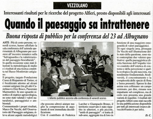 Rassegna stampa Convegno su "Salvaguardia e valorizzazione del paesaggio bioculturale. Metodologia di studio e risultati di una ricerca condotta nel Basso Monferrato Astigiano", Vezzolano 23 marzo 2007 - Articolo pubblicato da Il Corriere di Asti e del Monferrato - martedì 27 marzo 2007.