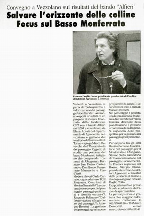 Rassegna stampa Convegno su "Salvaguardia e valorizzazione del paesaggio bioculturale. Metodologia di studio e risultati di una ricerca condotta nel Basso Monferrato Astigiano", Vezzolano 23 marzo 2007 - Articolo pubblicato da La Stampa - mercoledì 21 marzo 2007.