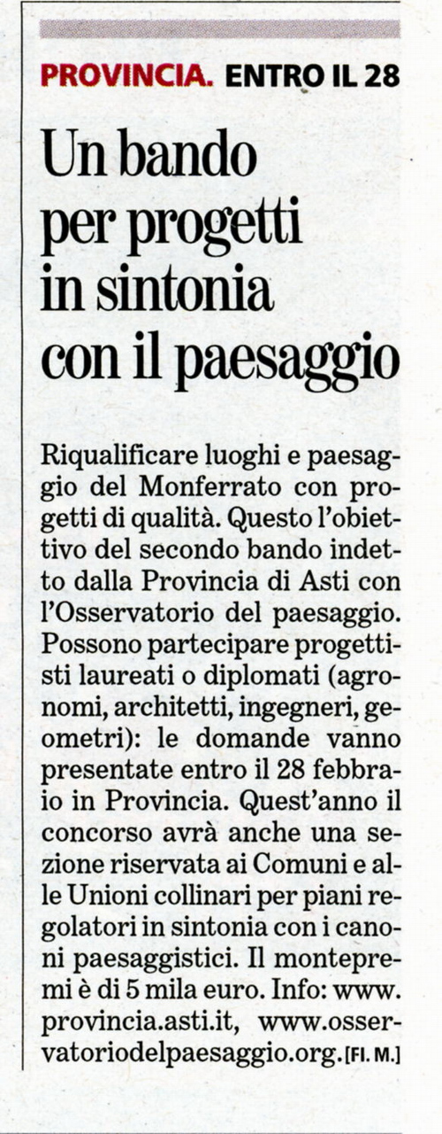 Rassegna stampa Secondo Bando di Concorso sulla Qualità del paesaggio astigiano - Articolo pubblicato da La Stampa - mercoledì 7 febbraio 2007