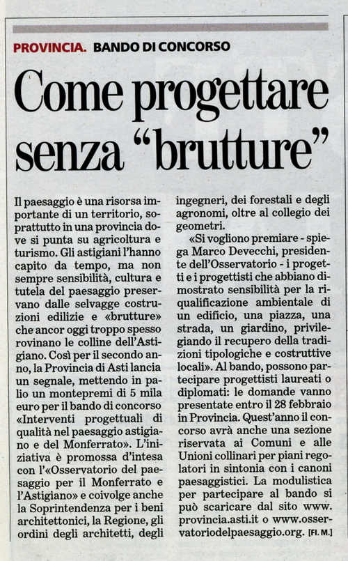 Rassegna stampa Secondo Bando di Concorso sulla Qualità del paesaggio astigiano - Articolo pubblicato da La Stampa - giovedì 8 febbraio 2007