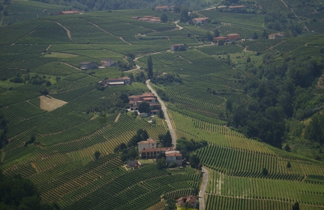 Veduta aerea d'insieme dello straordinario paesaggio viticolo di Calosso e comuni limitrofi.