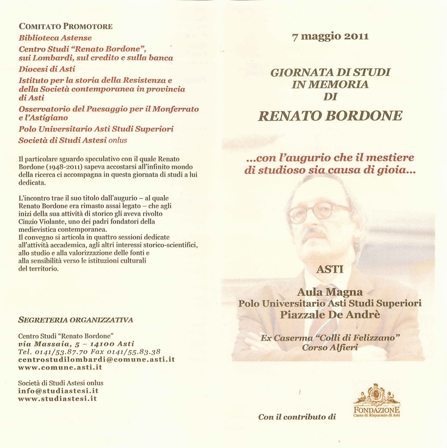 Programma della Giornata di studi in memoria di Renato Bordone (Asti 7 maggio 2011).