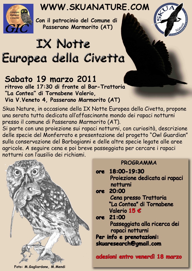 Depliant della Notte europea della Civetta a Passerano Marmorito il 19 marzo 2011.
