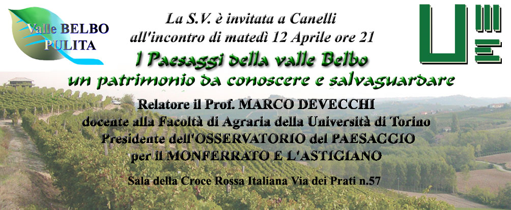 Depliant della Conferenza su "Paesaggi della Valle Belbo: un patrimonio da conoscere e salvaguardare" tenuta dal Prof. Marco Devecchi  dell