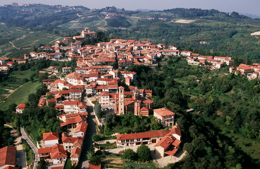 Veduta dell abitato e del Castello di Pino d Asti, sede del seminario e del Convegno su "Sviluppiamo una nuova cultura a difesa dell ambiente" (Foto aerea di Mark Cooper).