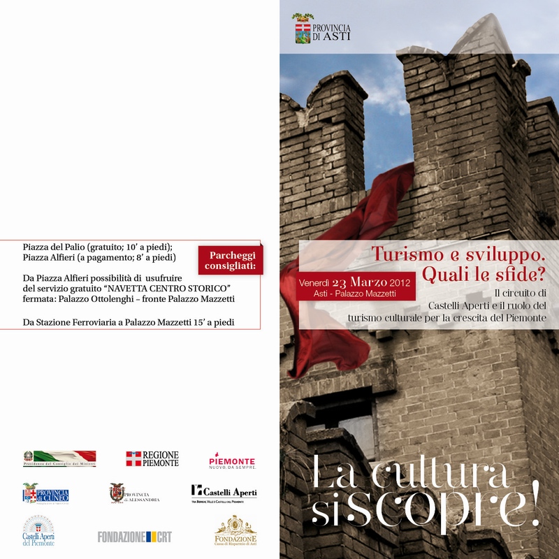 Depliant (fronte) del Convegno  su “Turismo e sviluppo: quali sfide? Il circuito di Castelli aperti e il ruolo del turismo culturale per la crescita del Piemonte”