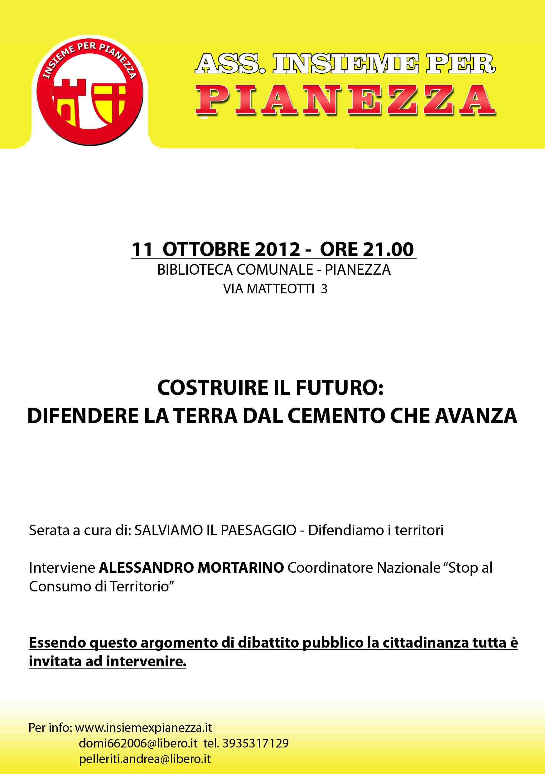 Serata di studio "Costruire il futuro: difendere la terra dal cemento che avanza" a Pianezza, giovedì 11 ottobre 2012.