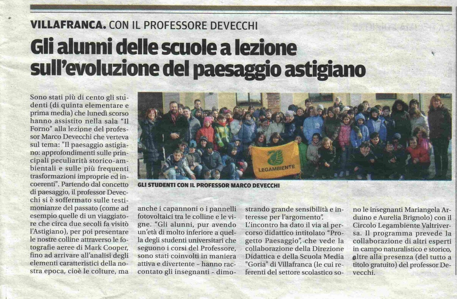 Articolo della Nuova Provincia di Asti sulla lezionme tenuta dal Prof. Marco Devecchi ai ragazzi della Scuola Media di Villafranca d'Asti sul tema del paesaggio.