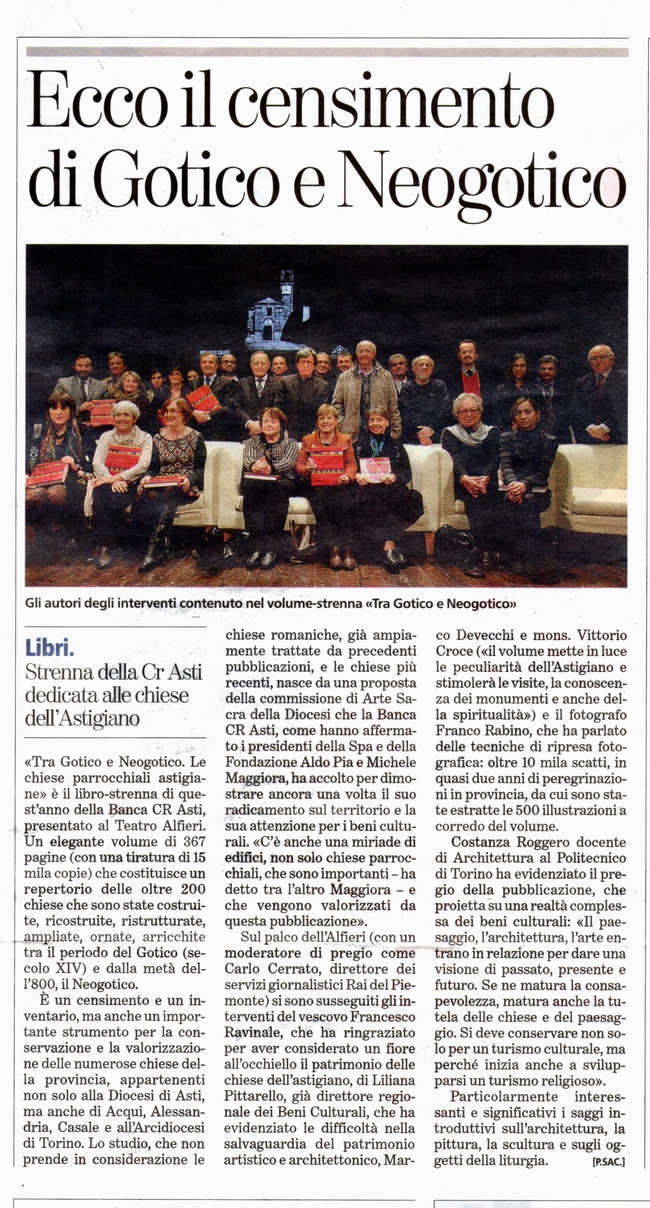 Articolo La Stampa (giovedì 6 dicembre 2012) di resoconto della presentazione del Libro della Cassa di Risparmio di Asti su "Tra Gotico e Neogotico". Le Chiese parrocchiali astigiane" presso il Teatro Alfieri ad Asti, lunedì 3 dicembre 2012.