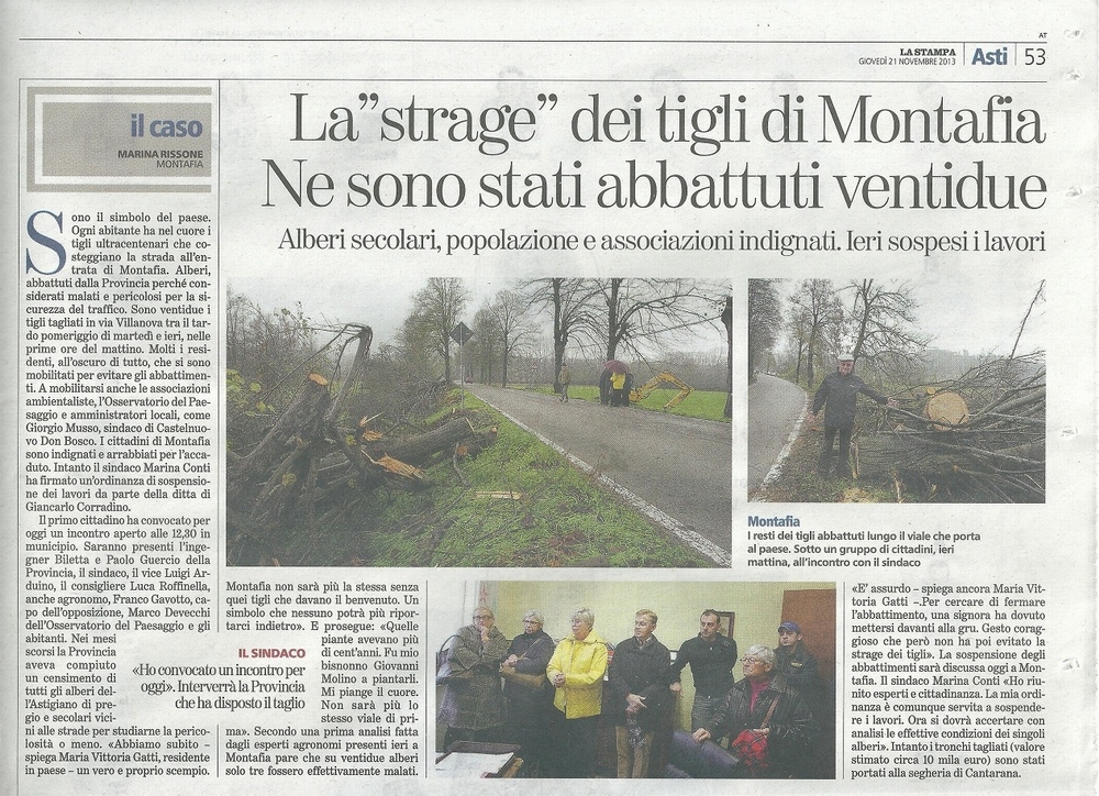 La Stampa (21 Novembre 2013) - Rassegna stampa sugli abbattimenti da parte della Provincia di Asti dei tigli del Viale alberato della Sp. 2 a in Località Montafia d Asti (20 novembre 2013).