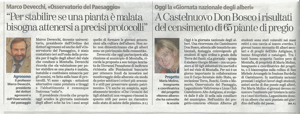 La Stampa (21 Novembre 2013) - Rassegna stampa sugli abbattimenti da parte della Provincia di Asti dei tigli del Viale alberato della Sp. 2 a in Località Montafia d Asti (20 novembre 2013).