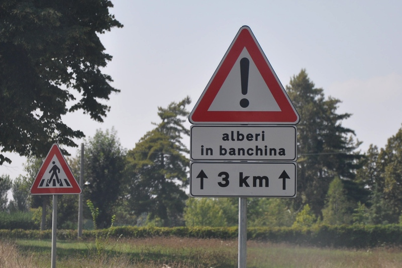 Cartello stradale di segnalazione del pericolo di "Alberi in banchina" di recente posizionato lungo l ex Strada statale SS 10 (Padana inferiore) in Località Palucco (Frazione di Asti).