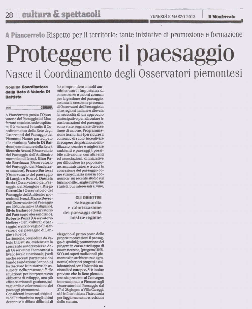 Il Monferrato (Venerdi 8 marzo 2013) - Rassegna stampa della della riunione di Coordinamento della Rete degli Osservatori del paesaggio del Piemonte (Piancerreto di  Cerrina Monferrato 23 02 13).