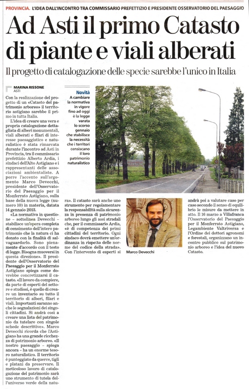 Articolo della La Stampa (mercoledì 6 marzo 2013) -  Rassegna stampa del Convegno su "Salviamo gli alberi. Modalità operative di applicazione della nuova Legge n. 10  del 14 gennaio 2013 per la salvaguardia degli alberi monumentali, dei filari e delle alberate di particolare pregio paesaggistico, monumentale, storico e culturale dell Astigiano" presso il Centro culturale "Il Forno"  di Villafranca d Asti, sabato 16 Marzo 2013.