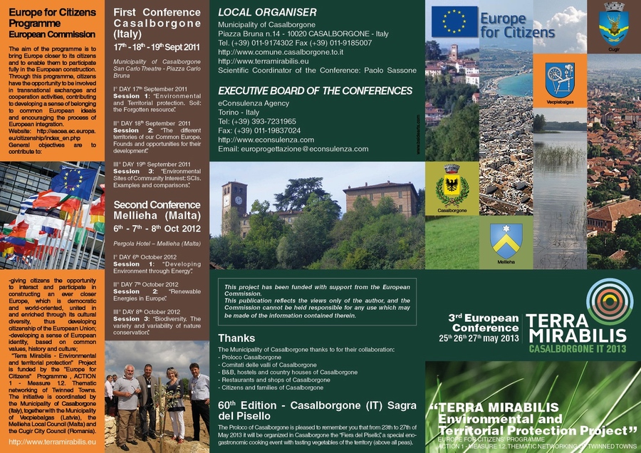 III European Conference "Terra Mirabilis" su "Environmental and Territorial protection project" presso il Castello di Casalborgone, sabato 25 maggio, domenica 26 maggio e lunedì 27 maggio 2013.
