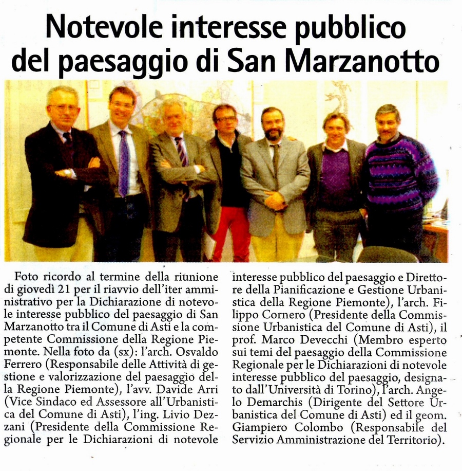 Articolo della Gazzetta d'Asti (Venerdi 29 marzo 2013) - Riunione per il riavvio dell'iter amministrativo per la Dichiarazione di notevole interesse pubblico del paesaggio di SAN MARZANOTTO tra il Comune di Asti e la competente Commissione della Regione Piemonte. 