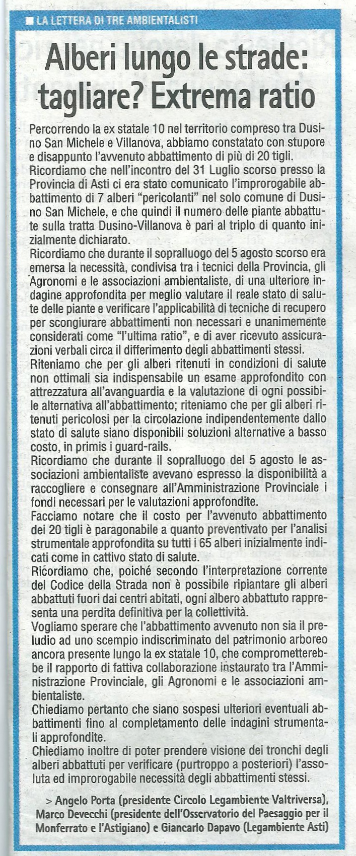 Gazzetta Asti (Lettera 30 Agosto 2013) - Rassegna stampa sulla Lettera di richiesta di chiarimenti in merito all'abbattimento di 20 tigli tra Villanova d'Asti e Dusino San Michele lungo l'ex SS 10 (Padana Inferiore), Lunedì 19 agosto 2013.