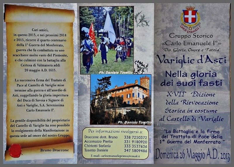 Depliant di invito alla XVII edizione della Rievocazione storica programmata al Castello di Variglie della Battaglia e della Firma del Trattato di pace della prima Guerra del Monferrato da parte del Gruppo storico Carlo  Emanuele I (Fronte).