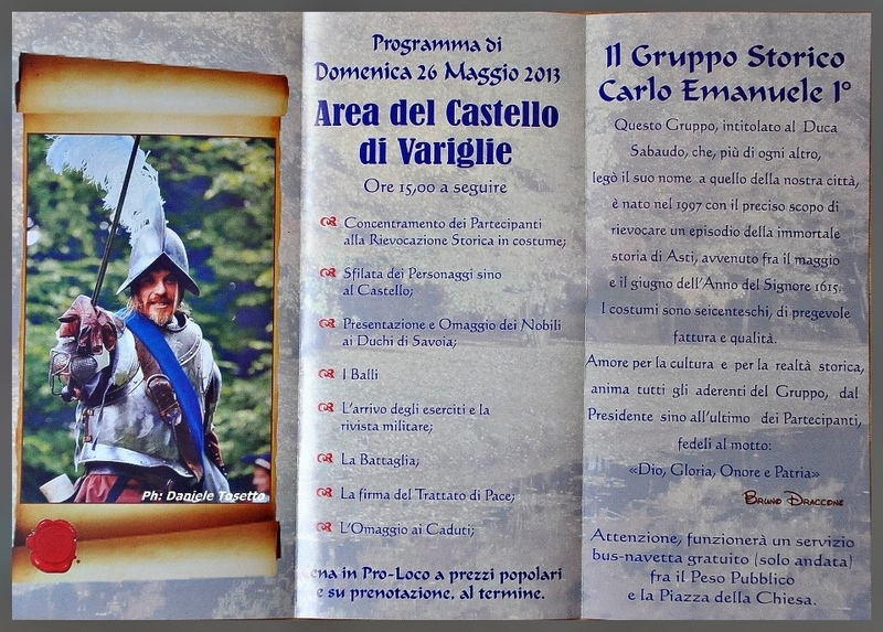 Depliant di invito alla XVII edizione della Rievocazione storica programmata al Castello di Variglie della Battaglia e della Firma del Trattato di pace della prima Guerra del Monferrato da parte del Gruppo storico Carlo  Emanuele I (Retro).