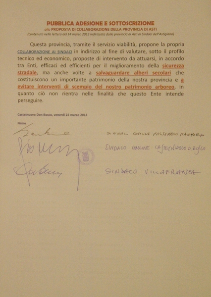 Testo della Proposta di collaborazione rivolta dalla Provincia di Asti ai Sindaci dell Astigiano sottoscritta dai Sindaci di: Passerano Marmorito (Silvana Bruna), Castelnuovo Don Bosco (Giorgio Musso) e Villafranca d Asti (Guido Cavalla).