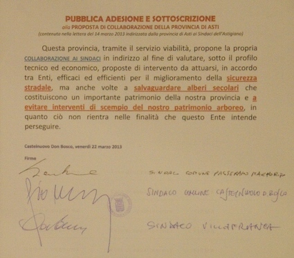 Testo della Proposta di collaborazione rivolta dalla Provincia di Asti ai Sindaci dell Astigiano sottoscritta dai Sindaci di: Passerano Marmorito (Silvana Bruna), Castelnuovo Don Bosco (Giorgio Musso) e Villafranca d Asti (Guido Cavalla).