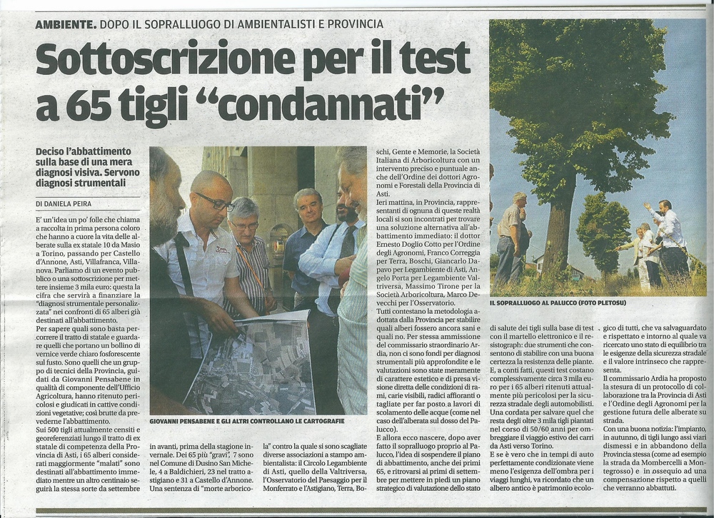 La Nuova Provincia (6 Agosto 2013) - Rassegna stampa del sopralluogo in campo di Presentazione da parte della Provincia di Asti degli alberi individuati come pericolosi e da abbattere lungo la ex Strada Statale 10 (Padana inferiore) in Località Palucco ad Asti"  lunedì 5 agosto 2013.