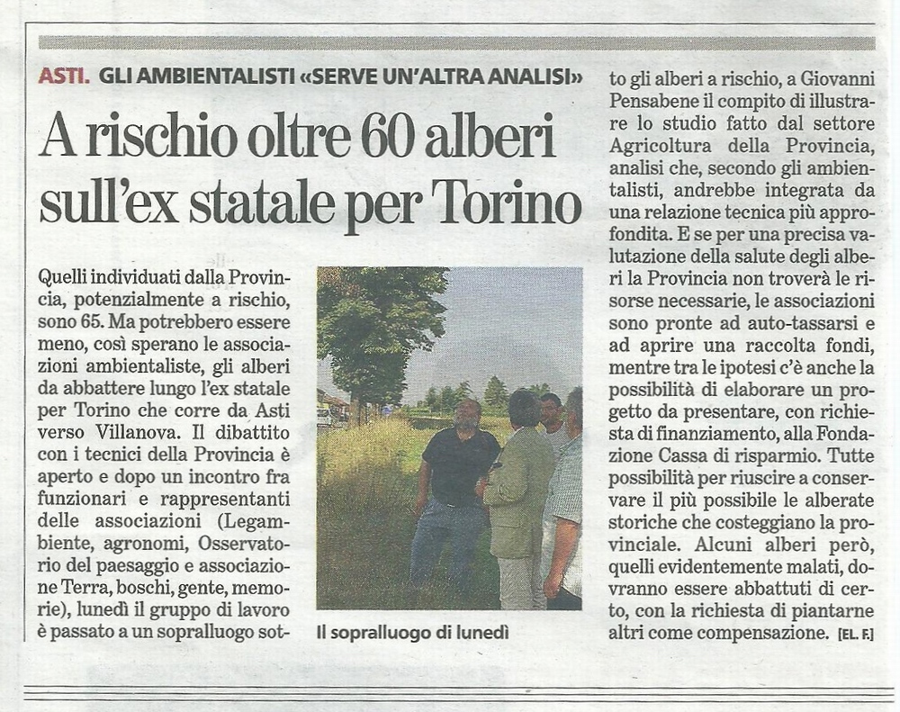 La Stampa (8 Agosto 2013) - Rassegna stampa del sopralluogo in campo di Presentazione da parte della Provincia di Asti degli alberi individuati come pericolosi e da abbattere lungo la ex Strada Statale 10 (Padana inferiore) in Località Palucco ad Asti"  lunedì 5 agosto 2013.