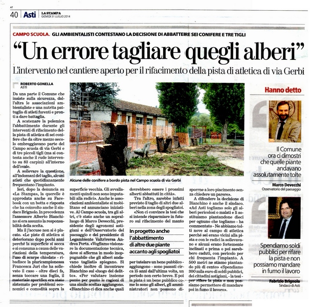 Rassegna stampa sull abbattimento degli alberi presso il Campo Scuola di Via Gerbi   La Stampa (Giovedì 31 luglio 2014).