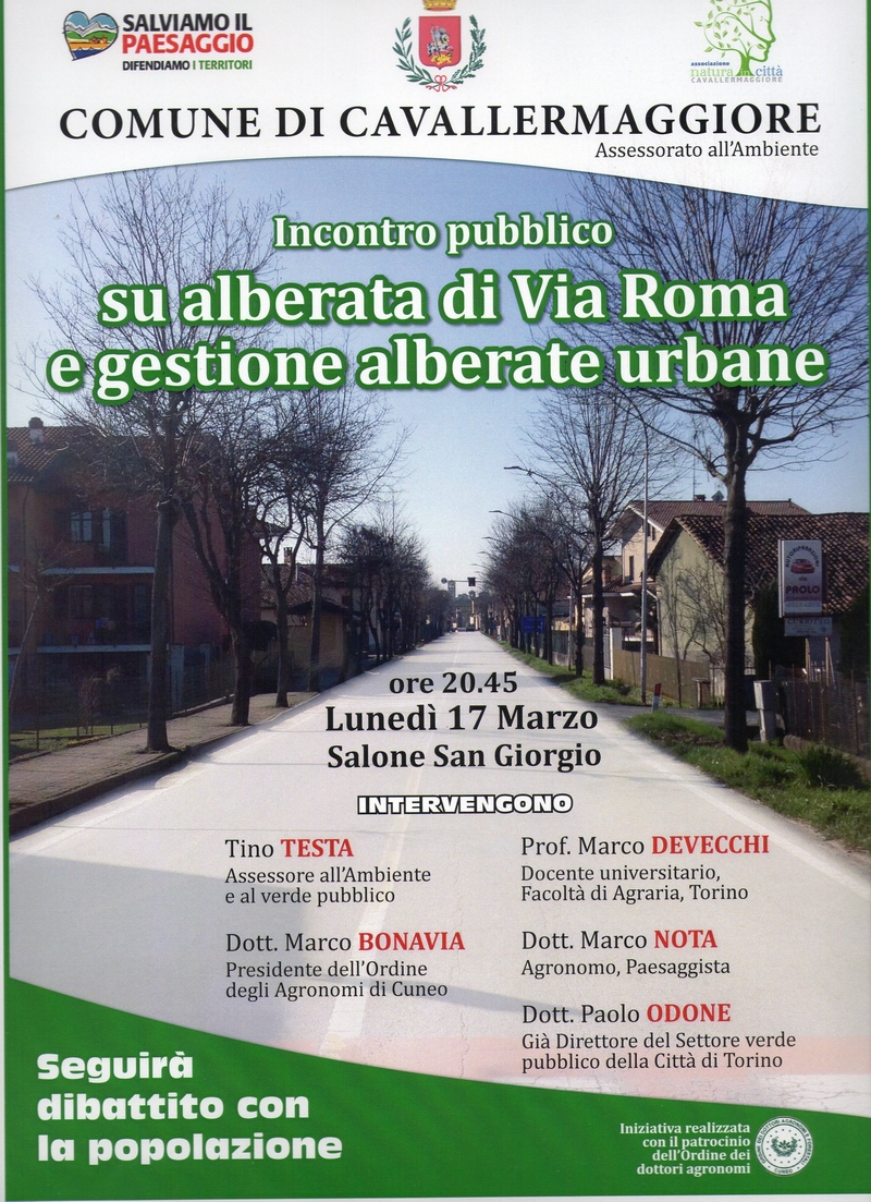 Incontro pubblico su Alberata di Via Roma e gestione alberate urbane presso il Salone San Giorgio a Cavallermaggiore, lunedì 17 marzo 2014.