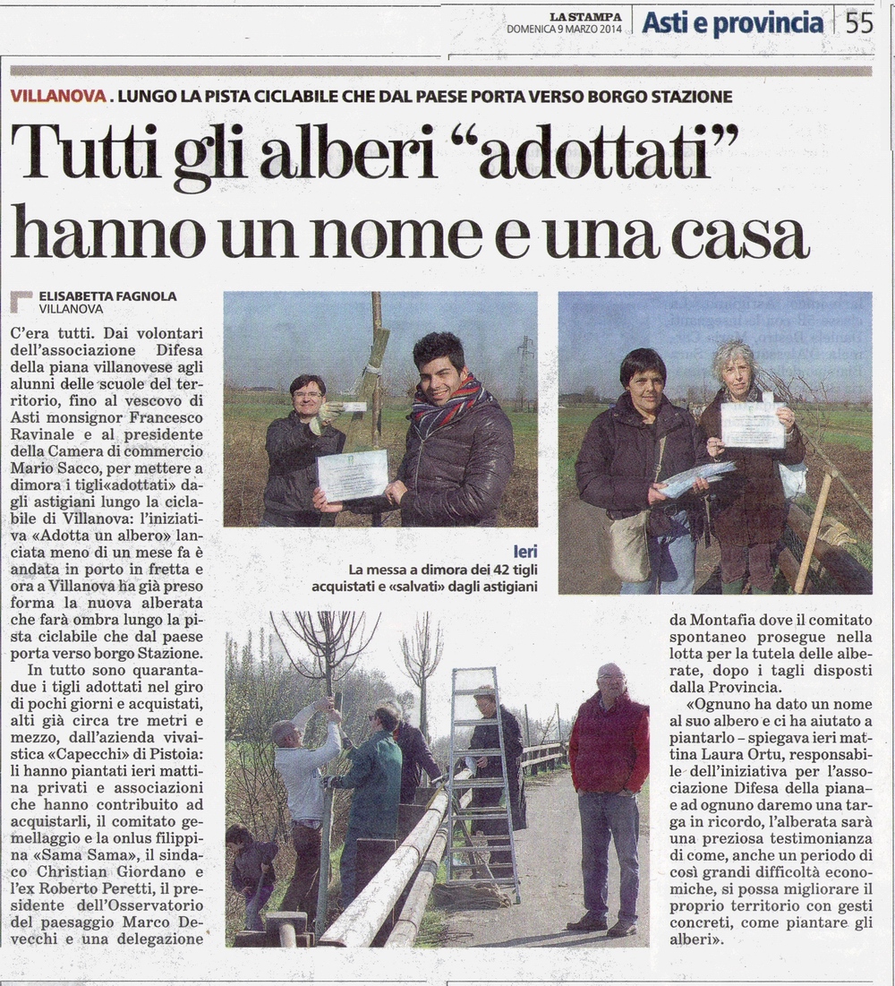 Articolo de La Stampa sulla cerimonia di piantagione dei 42 tigli per la realizzazione del nuovo viale alberato della pista ciclabile di Villanova d'Asti (sabato 8 marzo 2014).