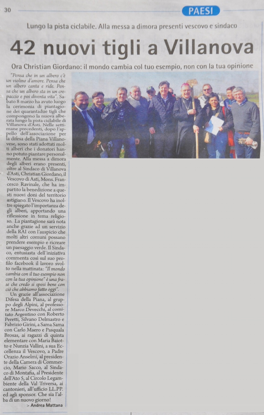 Articolo della Gazzetta d'Asti  sulla cerimonia di piantagione dei 42 tigli per la realizzazione del nuovo viale alberato della pista ciclabile di Villanova d'Asti (sabato 8 marzo 2014).