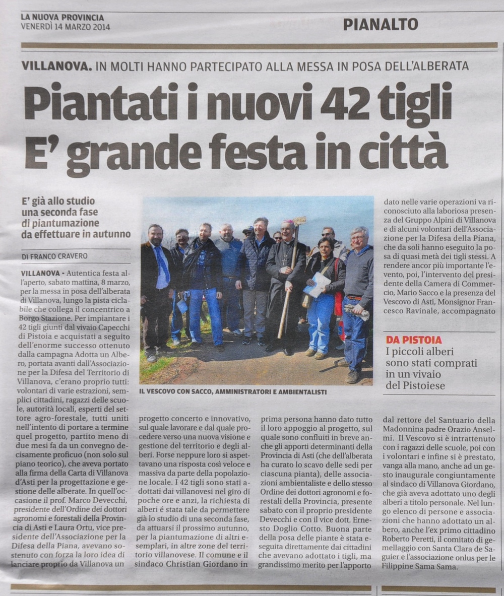Articolo della Nuova Provincia sulla cerimonia di piantagione dei 42 tigli per la realizzazione del nuovo viale alberato della pista ciclabile di Villanova d'Asti (sabato 8 marzo 2014).