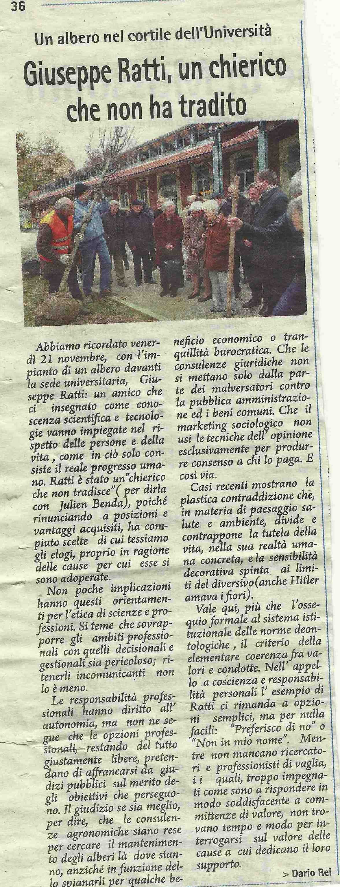 Articolo del Prof. Dario Rei a ricordo dell Ing. Giuseppe Ratti in occasione della piantagione di un albero presso il Campus di ASTISS.