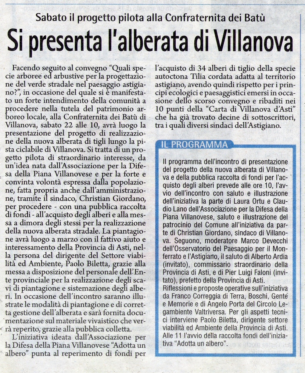 Articolo della Gazzetta d Asti di Venerdì 21 febbraio 2014 sulla presentazione del Progetto della nuova alberata di Villanova d Asti e della pubblica raccolta di fondi per l acquisto degli alberi.