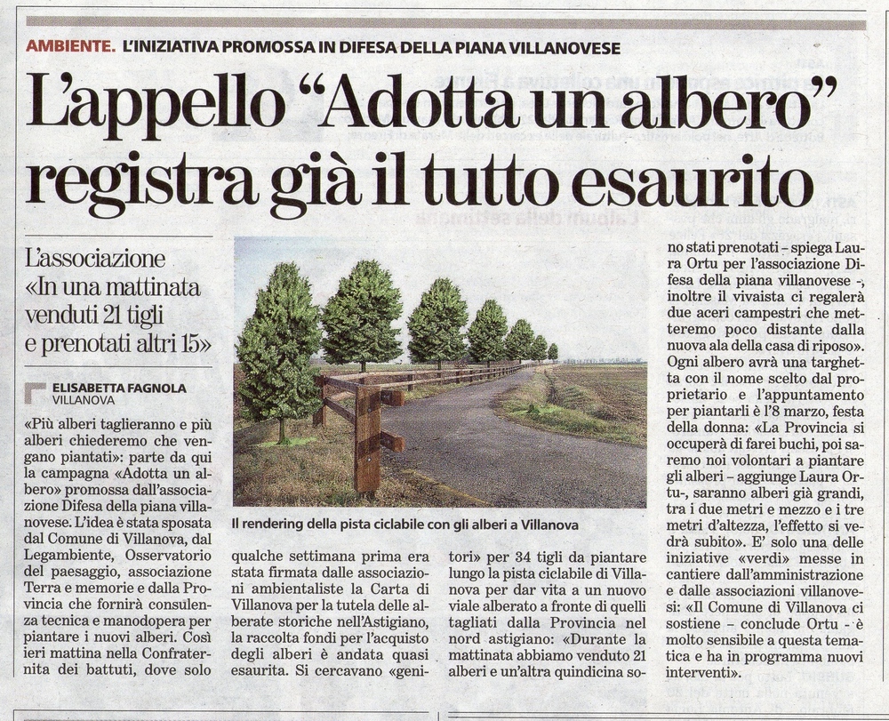Articolo de La Stampa di Domenica 23 febbraio 2014 sulla presentazione del Progetto della nuova alberata di Villanova d Asti e della pubblica raccolta di fondi per l acquisto degli alberi.
