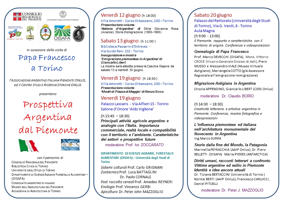 Programma dell Incontro di studio su "Prospettiva Argentina  dal Piemonte" presso l Aula Magna del Palazzo del Rettorato dell Università degli Studi di Torino, sabato, 20 giugno 2015.
