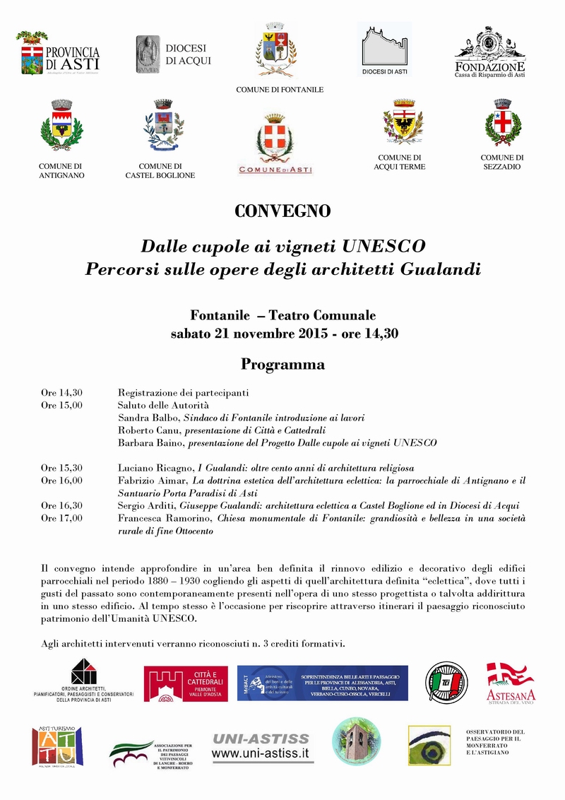 Programma del Convegno Dalle cupole ai vigneti UNESCO. Percorsi sulle opere degli architetti Gualandi a Fontanile presso il  Teatro Comunale, sabato 21 novembre 2015.